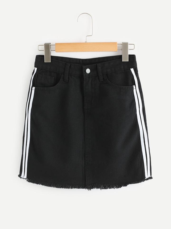 Romwe Stripe Contrast Raw Hem Denim Skirt