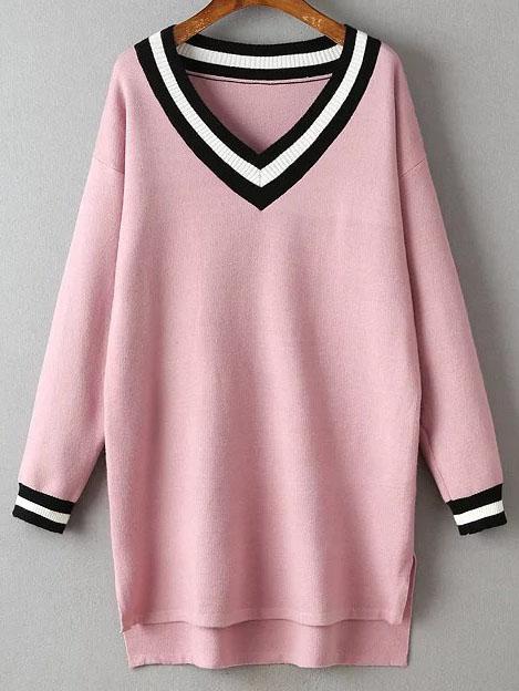 Romwe Pink Striped Trim Split Side Knit High Low Dress