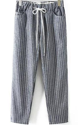 Romwe Blue Drawstring Waist Vertical Stripe Pant