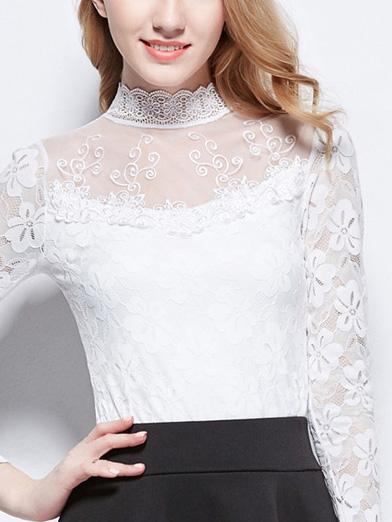 Romwe High Neck Lace Slim Blouse