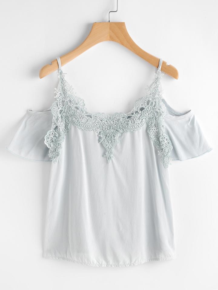 Romwe Cold Shoulder Crochet Trim Top
