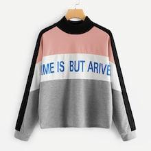 Romwe Mock-neck Color Block Letter Sweatshirt