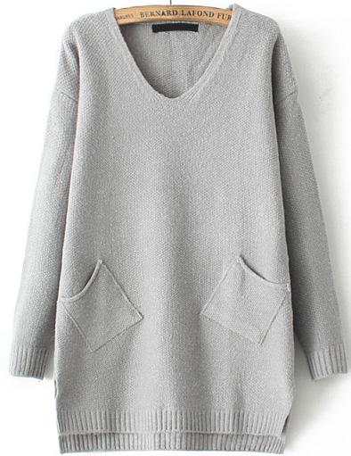 Romwe V Neck Pockets Loose Grey Sweater
