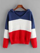 Romwe V Neckline Color Block Textured Knit Hooded Sweater