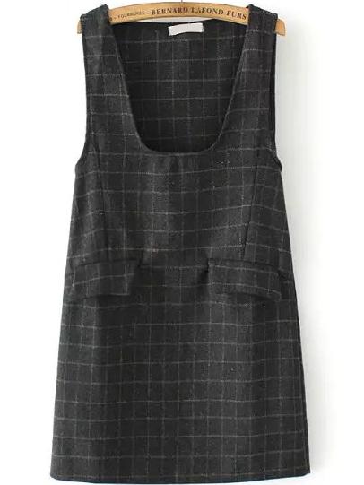 Romwe Scoop Neck Plaid Pockets Dress