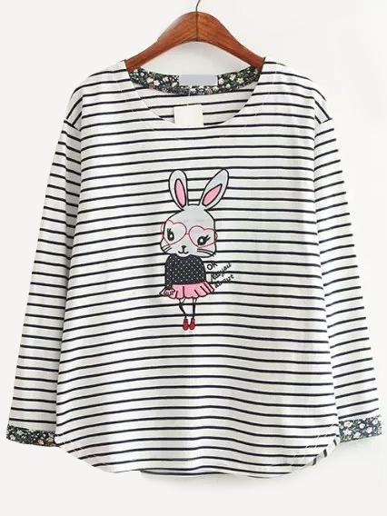 Romwe Striped Rabbit Print Black T-shirt