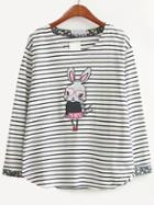 Romwe Striped Rabbit Print Black T-shirt