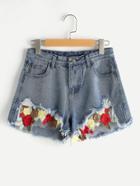 Romwe Destroyed Contrast Embroidered Mesh Insert Denim Shorts