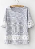 Romwe Blue Floral Crochet Striped Loose T-shirt