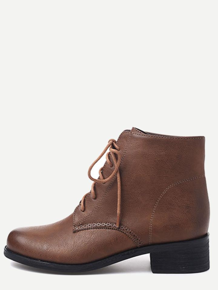 Romwe Brown Distressed Pu Lace Up Chunky Booties
