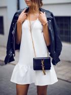 Romwe Beige Eyelet Front Flounce Dress