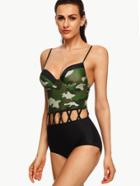 Romwe Camouflage Print Cutout Waist One-piece Swimwear