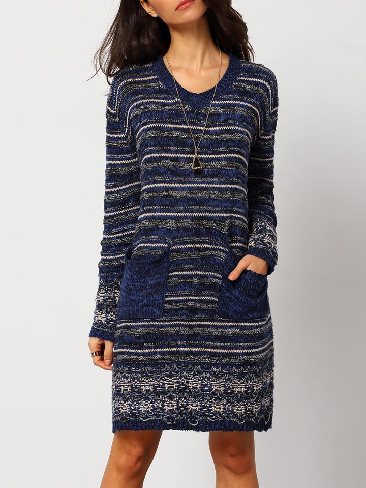 Romwe V Neck Striped Sweater Dress With Pocket