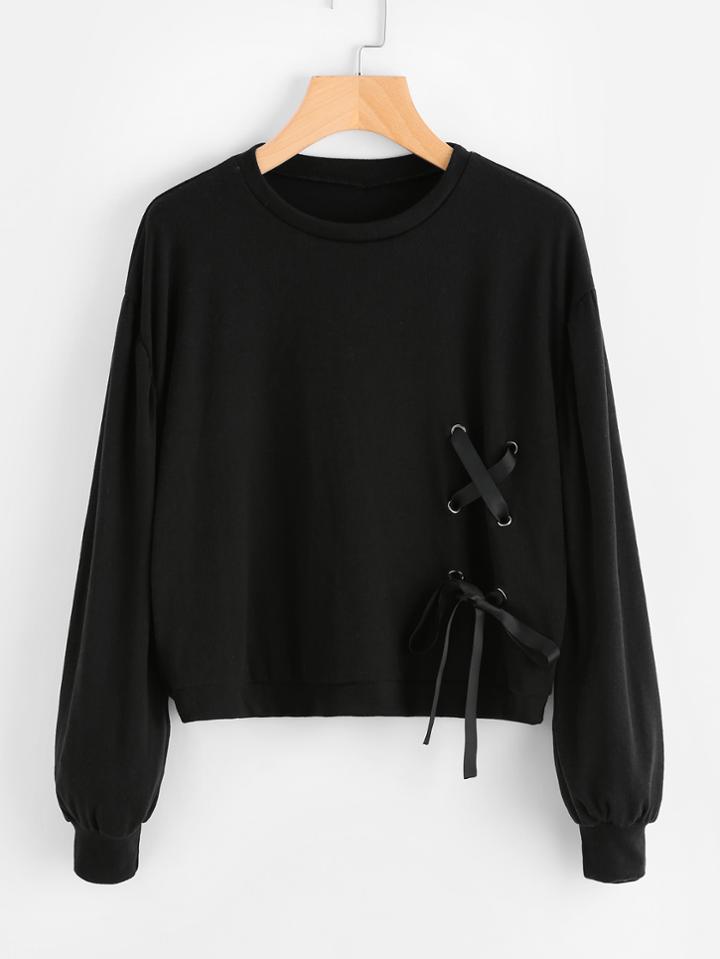 Romwe Drop Shoulder Ribbon Lace Up Detail Sweatshirt