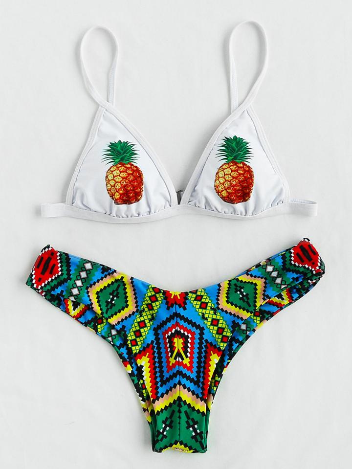 Romwe Pineapple & Geometric Print Mix & Match Bikini Set