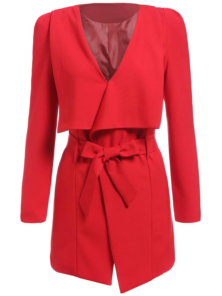 Romwe V Neck Belt Asymmetrical Red Coat