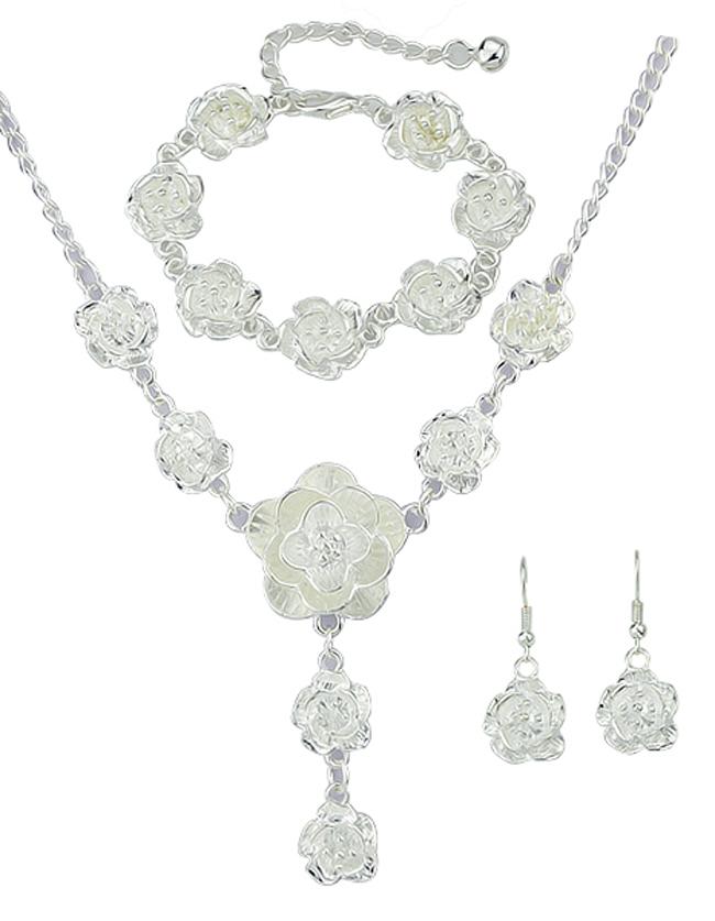 Romwe Costume Beautiful Silver Plated Bracelet Necklace Earrings Fashion Jewelry Set