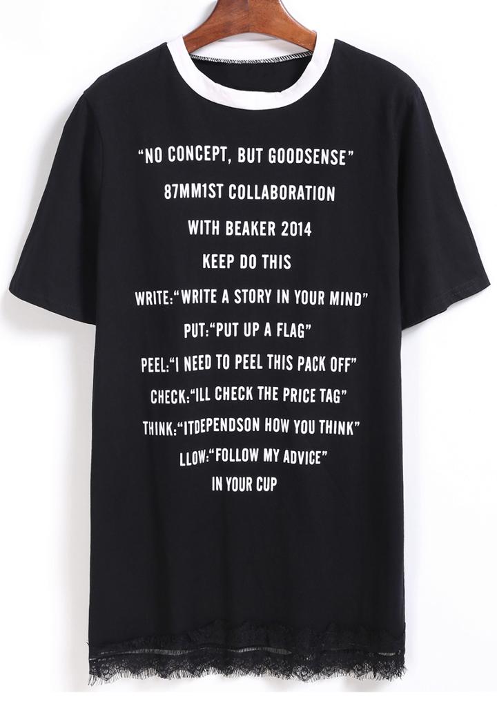Romwe Letter Print Lace Hem Black T-shirt