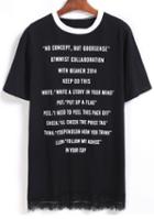 Romwe Letter Print Lace Hem Black T-shirt