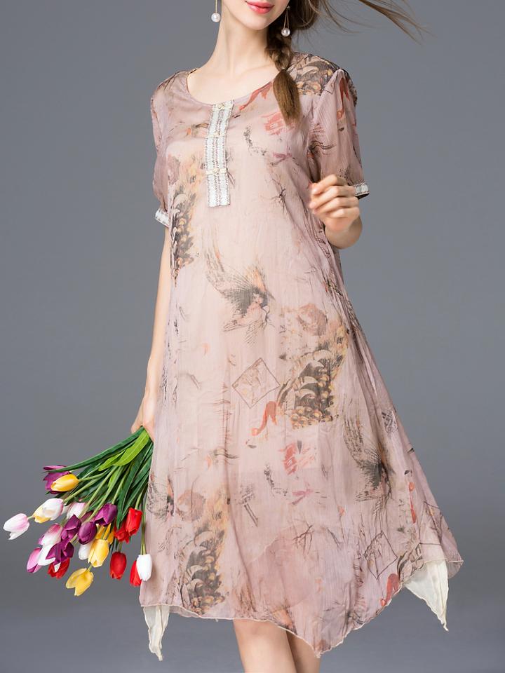 Romwe Pink Crew Neck Print Asymmetric Shift Dress