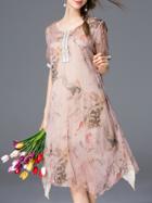 Romwe Pink Crew Neck Print Asymmetric Shift Dress