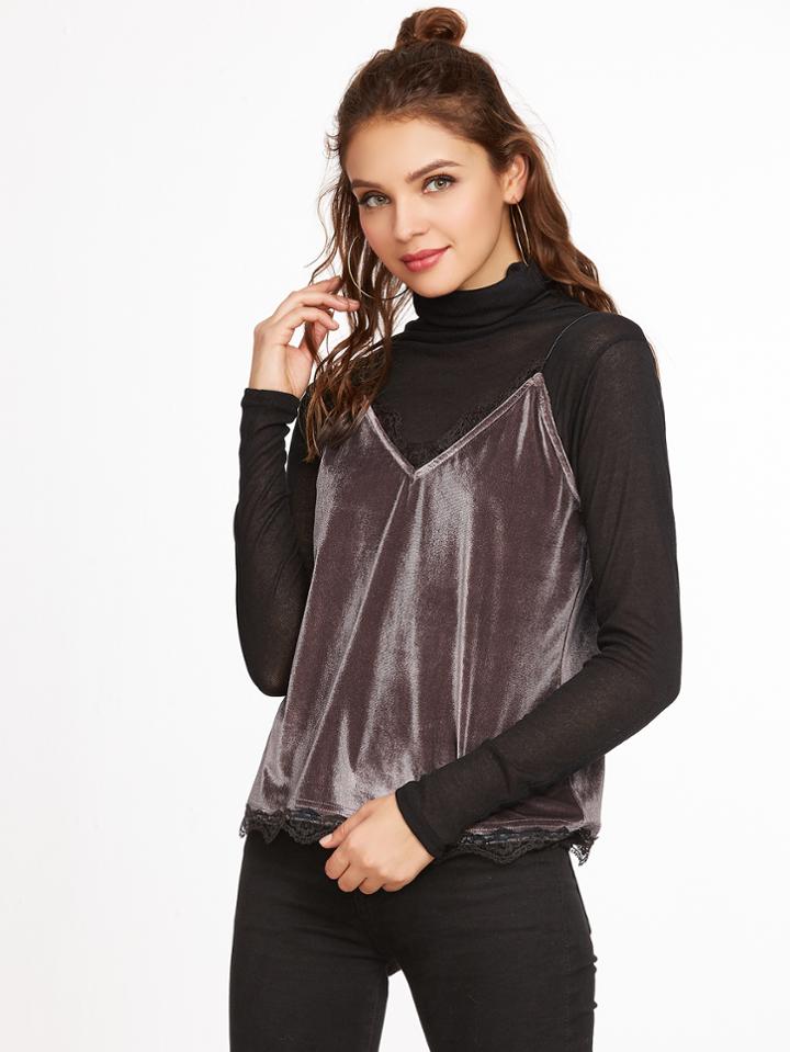 Romwe Contrast Lace Trim Velvet Cami Top