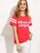 Romwe Red Letters Print Short Striped Sleeve T-shirt