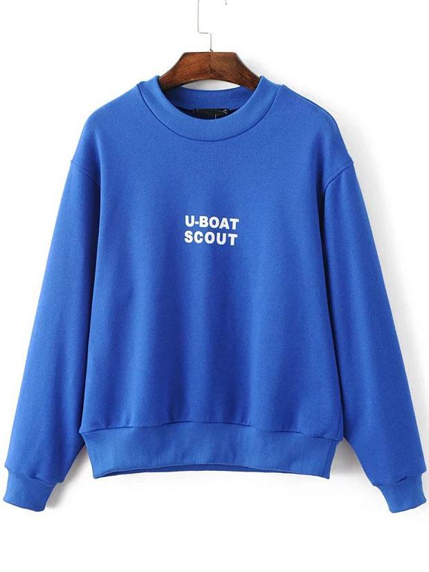 Romwe Blue Letter Print Round Neck Sweatshirt