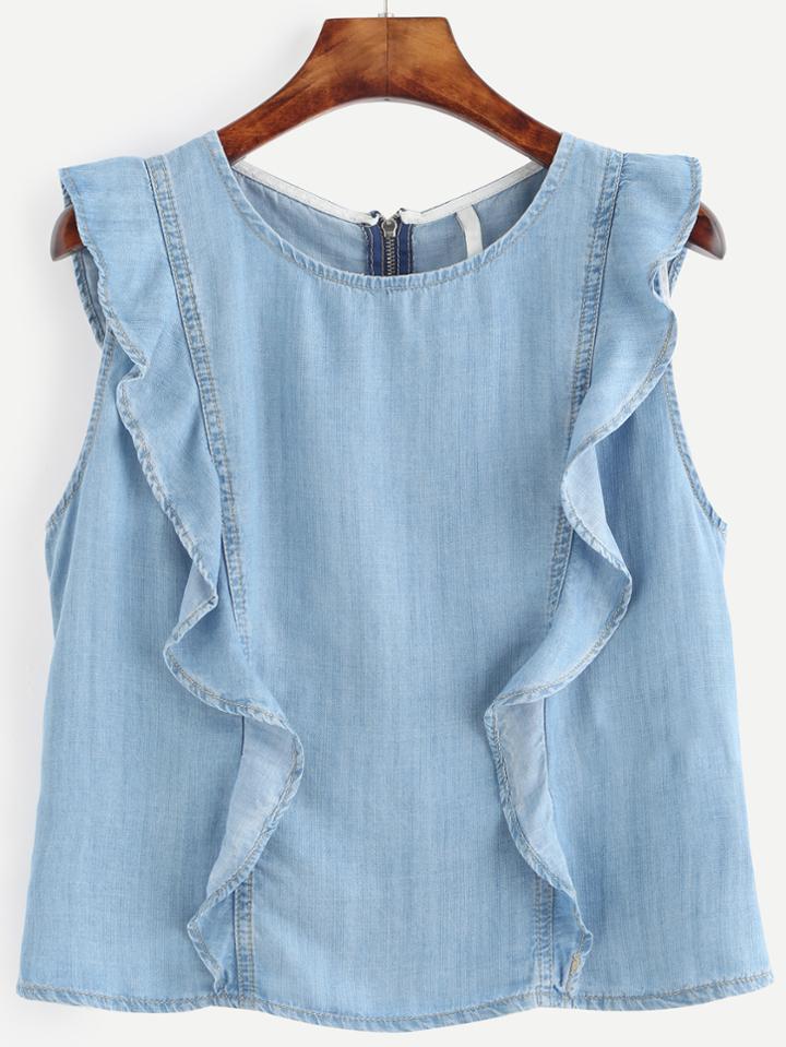 Romwe Blue Ruffle Zipper Back Denim Top