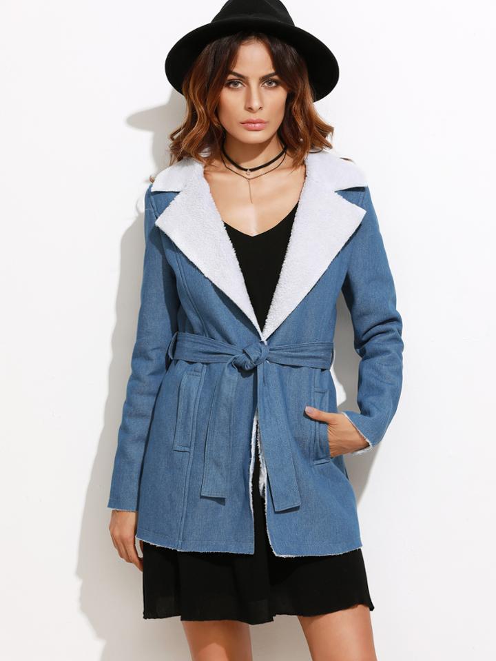 Romwe Blue Fleece Lined Belted Chambray Coat