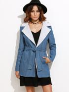 Romwe Blue Fleece Lined Belted Chambray Coat
