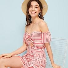 Romwe Striped Drawstring Ruffle Trim Off Shoulder Peekaboo Playsuit