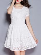 Romwe White Elastic-waist Hollow A-line Dress