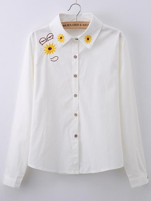 Romwe Lapel Sunflower Glasses Embroidered Blouse