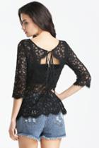 Romwe Black Crochet Lace Backless Blouse