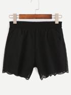 Romwe Scalloped Hem Embroidered Mesh Shorts - Black