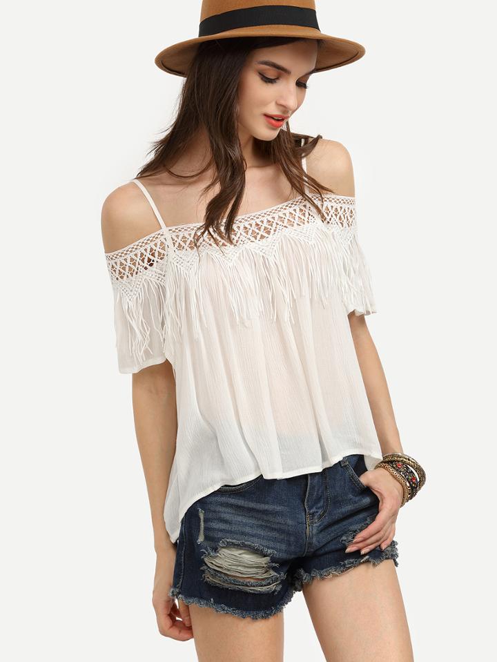 Romwe White Fringe Lace Trimmed Cold Shoulder Top