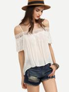 Romwe White Fringe Lace Trimmed Cold Shoulder Top