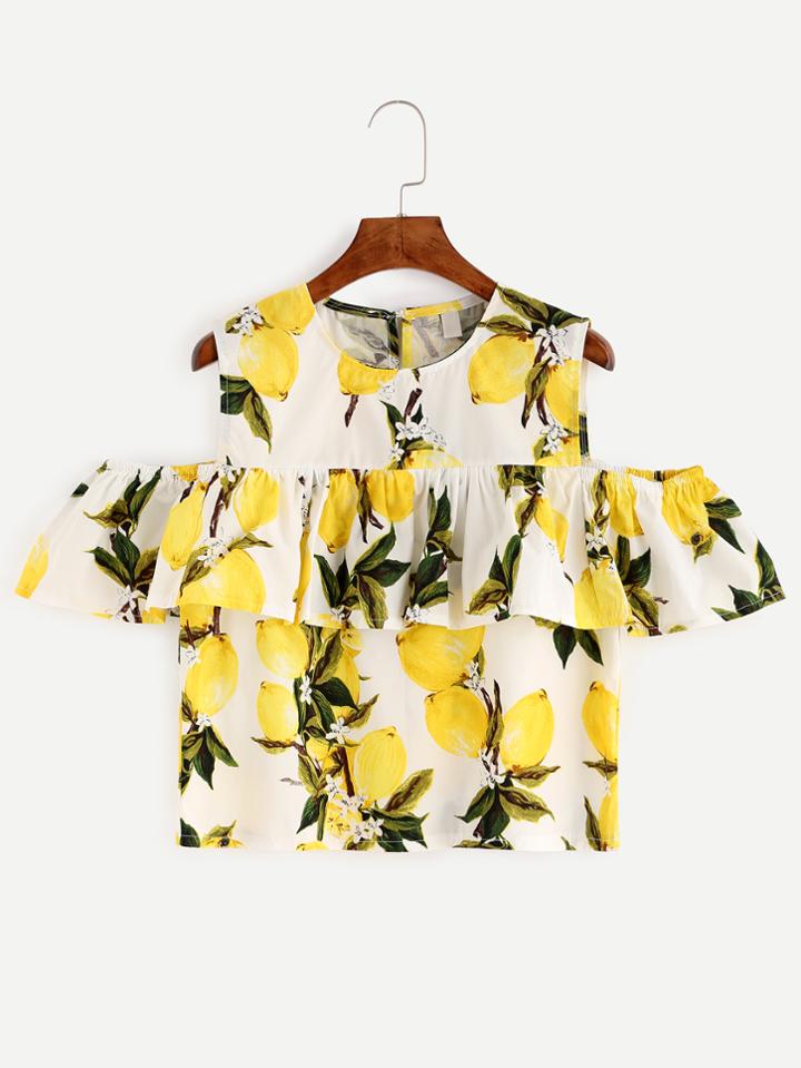 Romwe White Lemon Print Cold Shoulder Ruffle Top