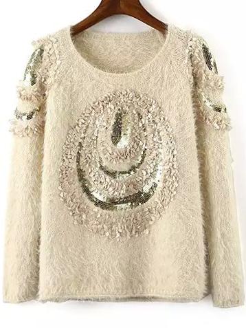 Romwe Sequined Applique Fuzzy Apricot Sweater