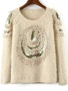Romwe Sequined Applique Fuzzy Apricot Sweater