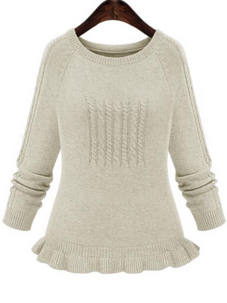 Romwe Round Neck Folds Ruffle Beige Sweater