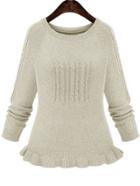 Romwe Round Neck Folds Ruffle Beige Sweater
