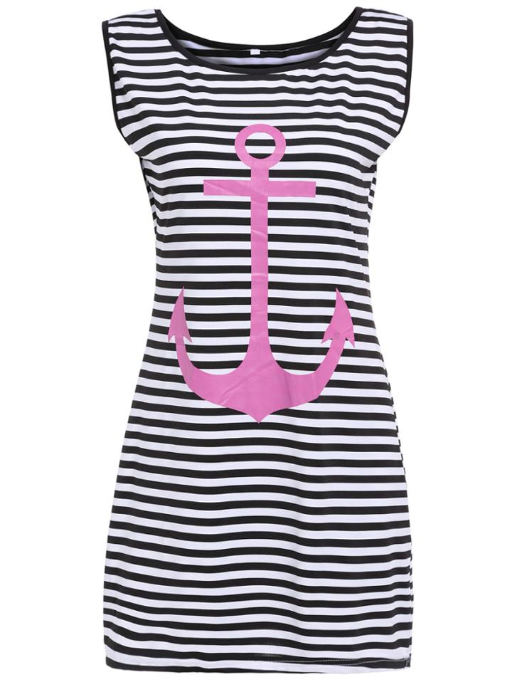 Romwe Round Neck Anchor Print Striped Tank Dress