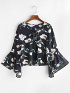 Romwe Navy Florals Lace Up V Neck Bell Sleeve Blouse