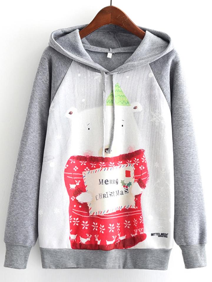 Romwe Christmas Print Marled Raglan Hoodie