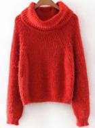 Romwe Red Turtleneck Raglan Sleeve Fluffy Sweater