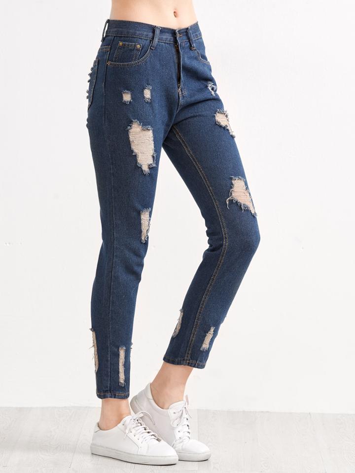 Romwe Dark Blue Ripped Ankle Jeans