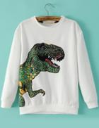Romwe Dinosaur Print Loose White Sweatshirt