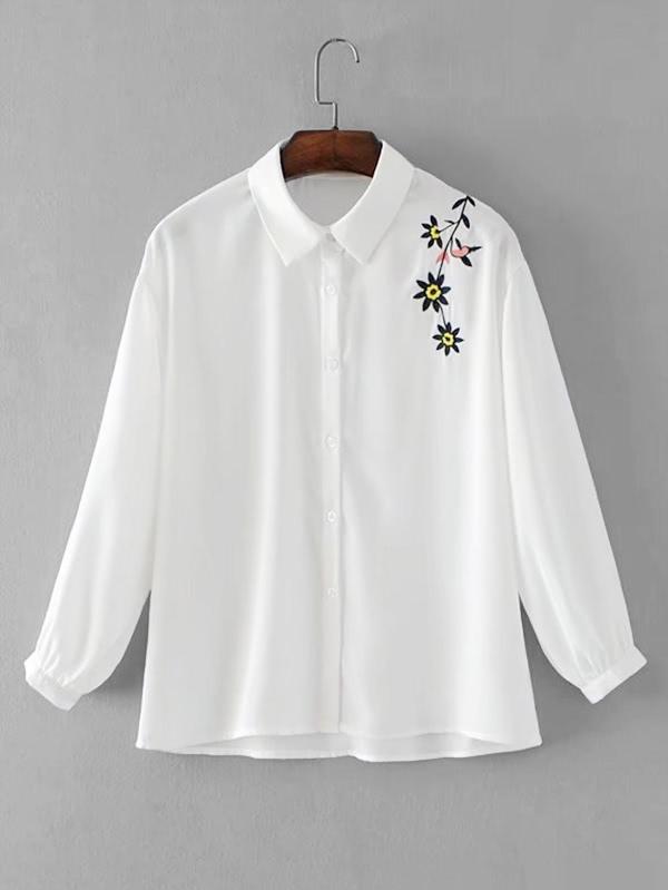 Romwe Flower Embroidered Shoulder Blouse